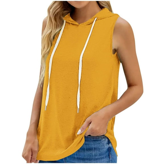 Htigea Women's Sleeveless Hoodies Summer Casual Hooded Tank Tops Drawstring Sport Tanks Loose Fit Pullover Undershirts Yellow,3XL