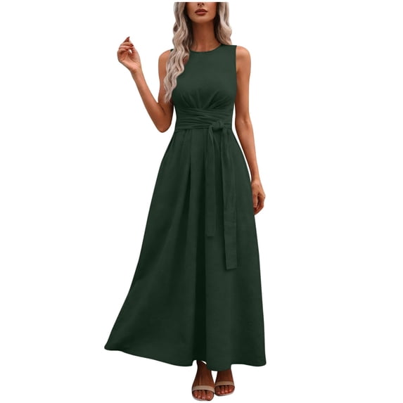 Htigea Women's Sleeveless Maxi Dress Summer Waist Tie A-Line Dresses Elegant Flowy Wedding Guest Evening Gown Green S