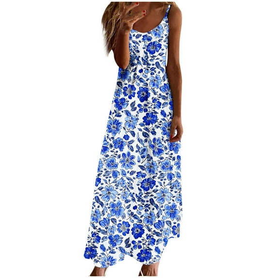 Htigea Women's Sleeveless Maxi Dresses Floral Print Spaghetti Strap V-Neck Sundress Soft Comfy Summer Casual Beach Dress 01#Multicolor,L