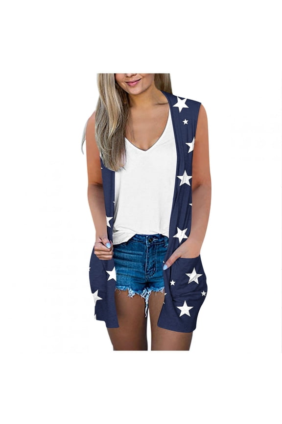 Women's Sleeveless Open Front Vest Long Cardigan Soft Cozy Duster Cardigans with Pockets Navy M