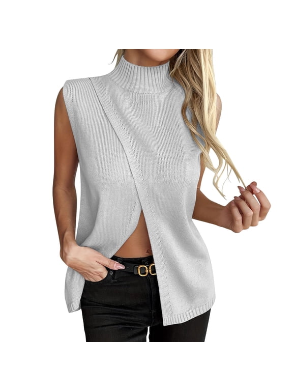 Women's Sleeveless Sweater Knitted Split Front Mock Neck Tank Tops Streetwear Trendy Going Out Pullover Top Silver S