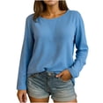 thumbnail image 1 of Htigea Women's Solid Color T-Shirts Casual Crewneck Long Sleeve Loose Pullover Tops Fall Base Layer Shirts Blue XL, 1 of 3