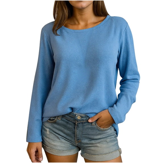 Htigea Women's Solid Color T-Shirts Casual Crewneck Long Sleeve Loose Pullover Tops Fall Base Layer Shirts Blue XL