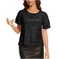 thumbnail image 1 of Htigea Women's Sparkly Sequin Tops Ruffle Short Sleeve Dressy T-Shirt Elegant Crew Neck Club Party Tee Blouse Black S, 1 of 8