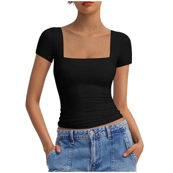 Htigea Women's Square Neck Crop Tops Short Sleeve Slim Fitted Summer Basic T Shirts for Going Out Black XXL