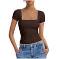 thumbnail image 1 of Htigea Women's Square Neck Crop Tops Short Sleeve Slim Fitted Summer Basic T Shirts for Going Out Brown M, 1 of 7