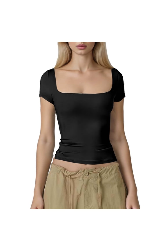 Women's Square Neck Short Sleeve Crop Tops Summer Slim Fit T Shirt Y2k Solid Color Going Out Tees Black XS