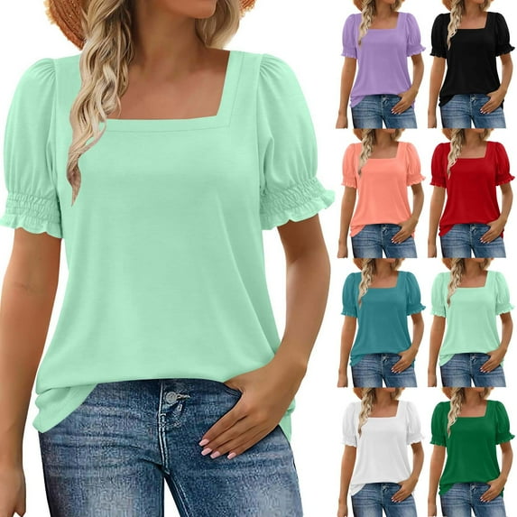 Htigea Women's Square Neck Smocked Peplum Top Ruffle Short Sleeve Babydoll Blouse Green,XL