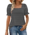thumbnail image 1 of Htigea Women's Square Neckline Striped T-Shirts Smocked Cuffs Short Sleeve Tops Summer Casual Loose Fit Tees Black L, 1 of 5
