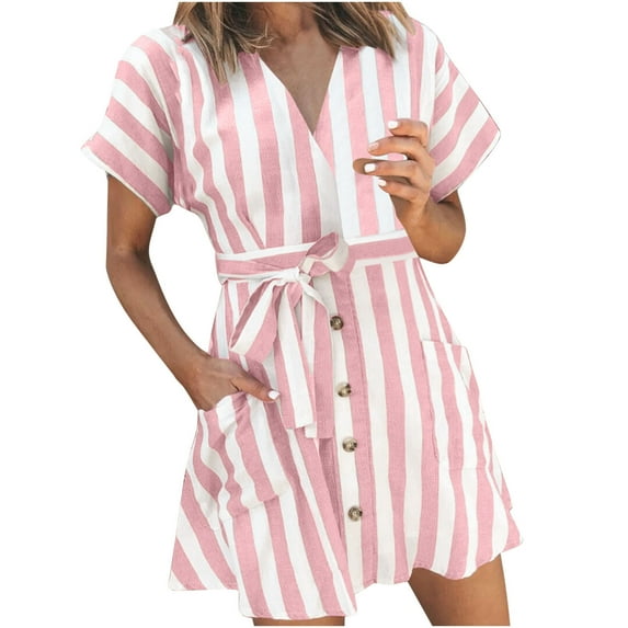 Htigea Women's Striped Cardigan Dresses Short Sleeve Button Down Tie Front Swimwear Cover Up Cotton Linen Tops with Pockets Pink M