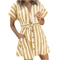 thumbnail image 1 of Htigea Women's Striped Cardigan Dresses Short Sleeve Button Down Tie Front Swimwear Cover Up Cotton Linen Tops with Pockets Yellow 2XL, 1 of 8