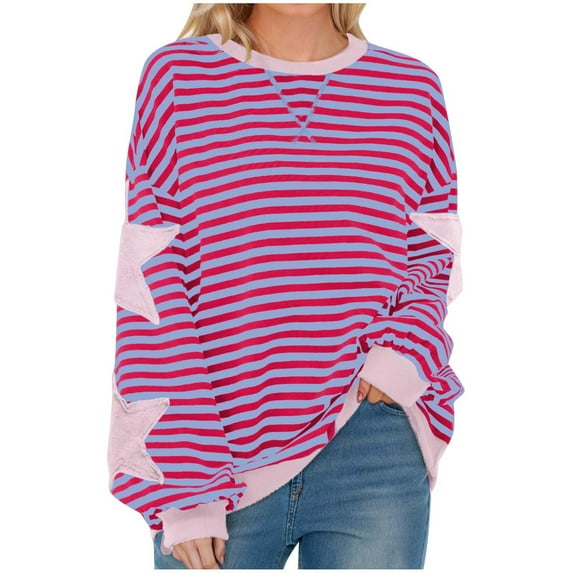 Htigea Women's Striped Oversized Sweatshirt Color Block Crew Neck Long Sleeve Shirt Casual Pullover Top Fall Y2K Clothes Purple 2XL