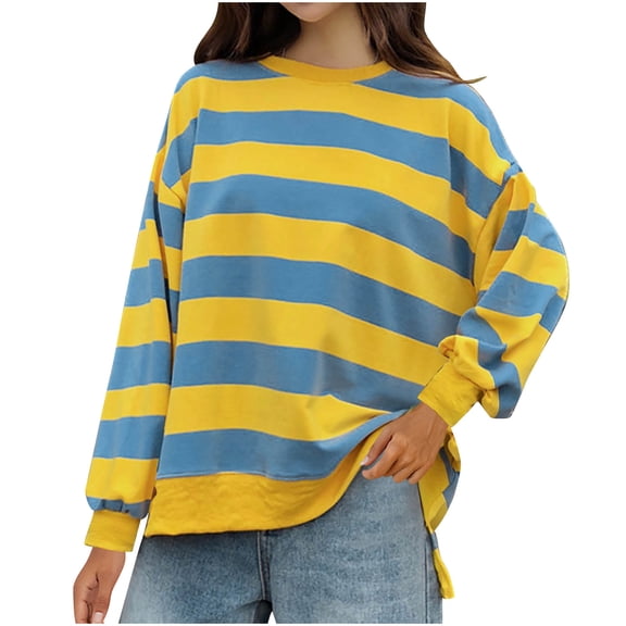 Htigea Women's Striped Sweatshirts Oversized Crew Neck Long Sleeve Pullover Preppy Casual Loose Fit Sweatshirt Tops Yellow XL