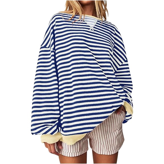 Htigea Women's Striped Sweatshirts Oversized Crewneck Long Sleeve Casual Loose Fit Sport Shirts Fall Tops Blue M