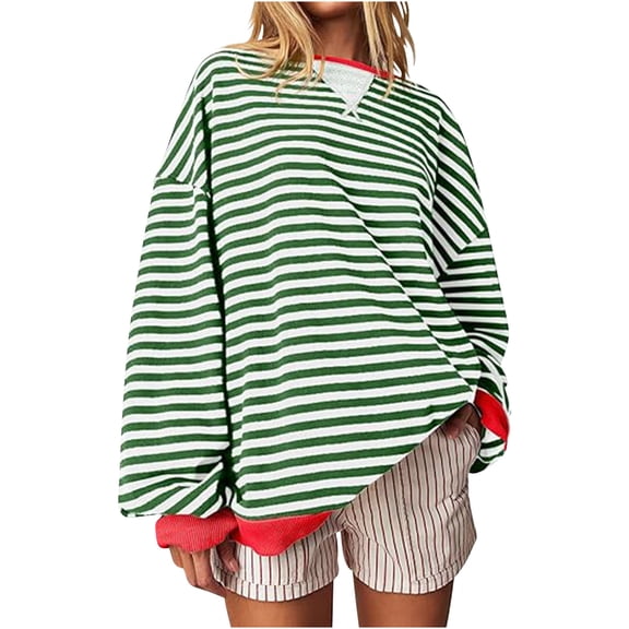 Htigea Women's Striped Sweatshirts Oversized Crewneck Long Sleeve Casual Loose Fit Sport Shirts Fall Tops Green 2XL