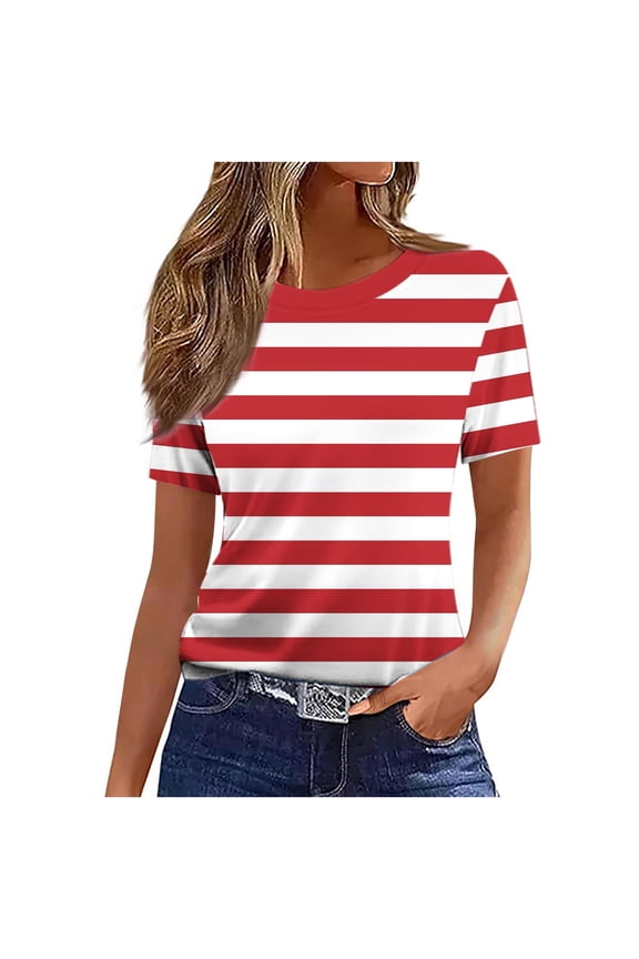 Women's Striped T Shirts Short Sleeve Crew Neck Blouse Summer Basic Tees Soft Comfy Pullover Tops Red S