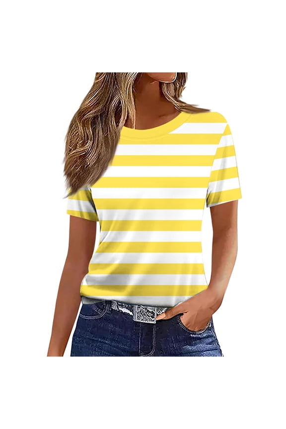 Women's Striped T Shirts Short Sleeve Crew Neck Blouse Summer Basic Tees Soft Comfy Pullover Tops Yellow M