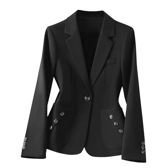 Htigea Women's Suit Jackets Solid Color Lapel Business Blazers Dressy Long Sleeve Button Down Cardigan Outfit with Pockets Black,XXL