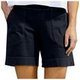 thumbnail image 1 of Htigea Women's Summer Linen Shorts Casual Elastic Waist Straight Leg Shorts Dressy Work Shorts with Pockets Solid Color Basic Shorts Today Sales Black XL, 1 of 6