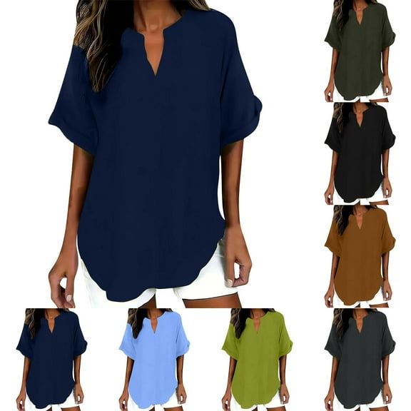 Htigea Women's Summer Tops 2025 Casual Short Sleeve V Neck Linen Shirts Dressy Pleated Basic Tunic Work Blouses Green,L