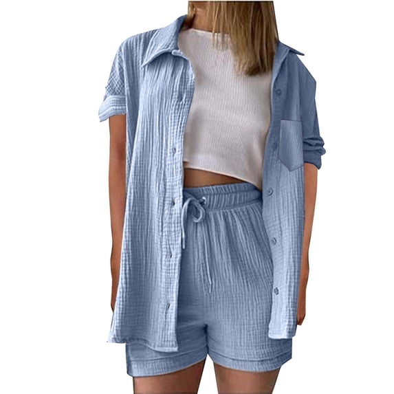 Htigea Women's Summer Two Piece Sets Short Sleeve Button Down Shirts Drawstring Shorts Linen Outfits Casual Beach Wear Light Blue S