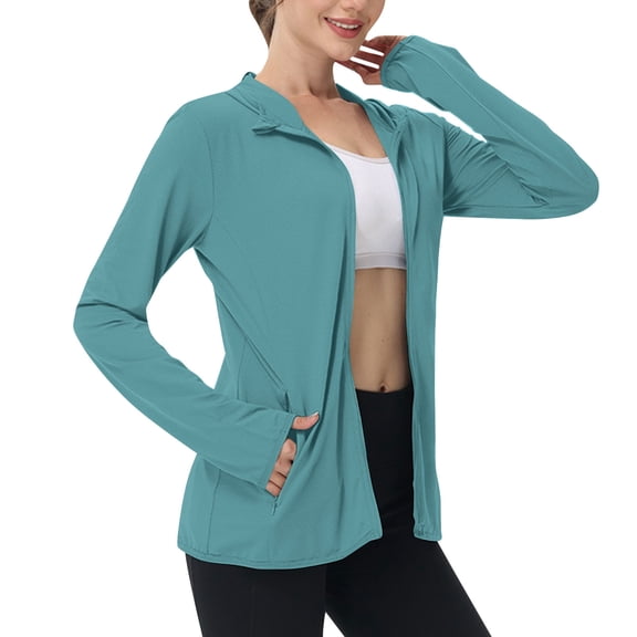 Htigea Women's Sun Hoodies Full Zip Thumb Holes Long Sleeve Tops Outdoor UPF 50+ Rash Guard Athletic Shirts with Zipper Pocket ZA Bronze M