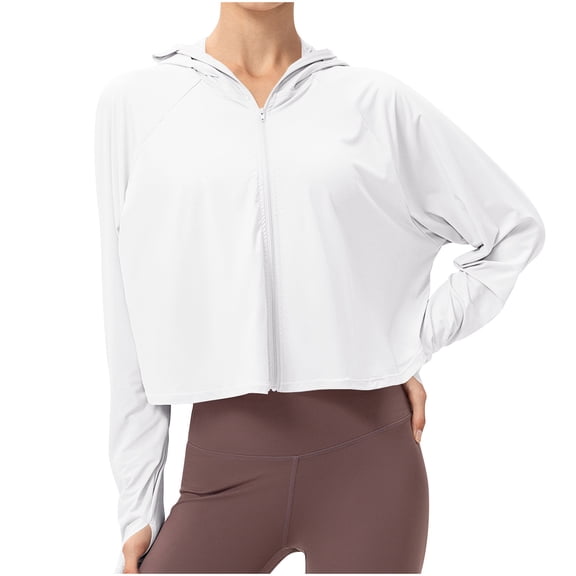 Htigea Women's Sun Protection Athletic Hoodies Quick Dry Long Sleeve UV Jacket Lightweight Running Hiking Workout Shirt Rash Guard Tops with Thumb Holes White,L