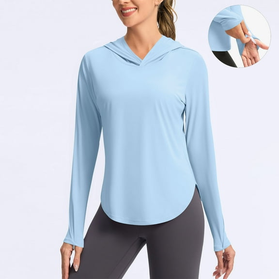 Htigea Women's Sun Protection Shirt UPF 50+ Long Sleeve Lightweight UV Hoodie for Women Hiking Outdoor Fishing Summer Light Blue,M