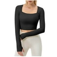 thumbnail image 1 of Htigea Women's Sun Shirts with Thumb Holes Long Sleeve Square Neck Crop Tops Slim Fit Yoga Workout Gym Running Fitness Tees Black XL, 1 of 5