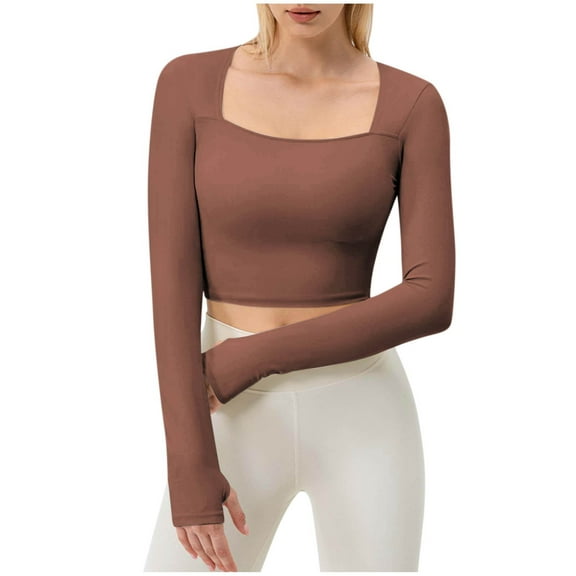 Htigea Women's Sun Shirts with Thumb Holes Long Sleeve Square Neck Crop Tops Slim Fit Yoga Workout Gym Running Fitness Tees Brown M