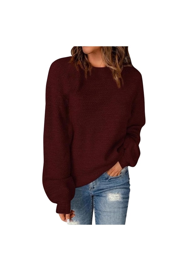 Women's Sweater Pullover Casual Crewneck Long Sleeve Tops Fall Winter Knit Jumper Wine XL