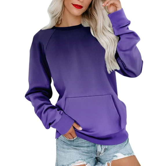 Htigea Women's Sweatshirt Casual Crewneck Long Sleeve Loose Pullover Trendy Gradient Color Athletic Tops with Pockets Purple 2XL