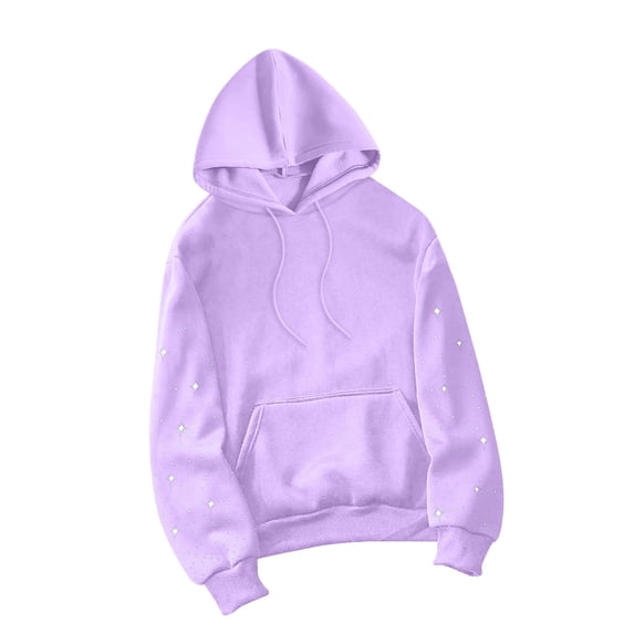Htigea Women's Sweatshirts Rhinestone Long Sleeve Hoodies Streetwear Casual Trendy Hooded Pullover Tops with Pocket Purple S