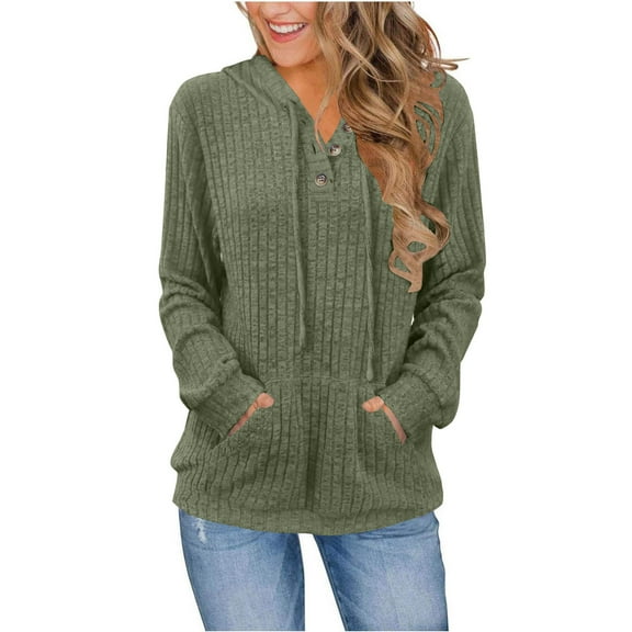 Htigea Women's Sweatshirts Ribbed Knit Long Sleeve Drawstring Hooded Tops Casual Loose Tunic Hoodies With Pockets Green L