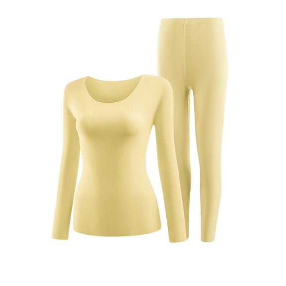 Htigea Women's Thermal Underwear Set Long Johns Base Layer Top & Bottom 2 Packs Soft Pajama Homewear for Cold Weather Yellow XL