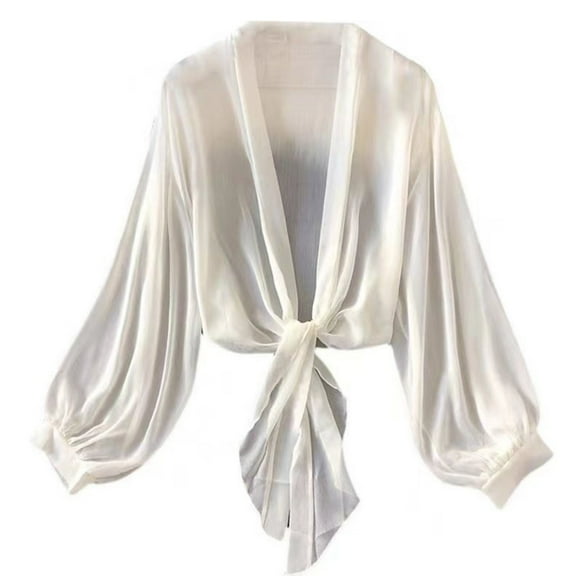 Htigea Women's Tie Front Cardigan Chiffon Long Sleeve Swimsuit Cover Up Casual Loose Short Tops White 2XL