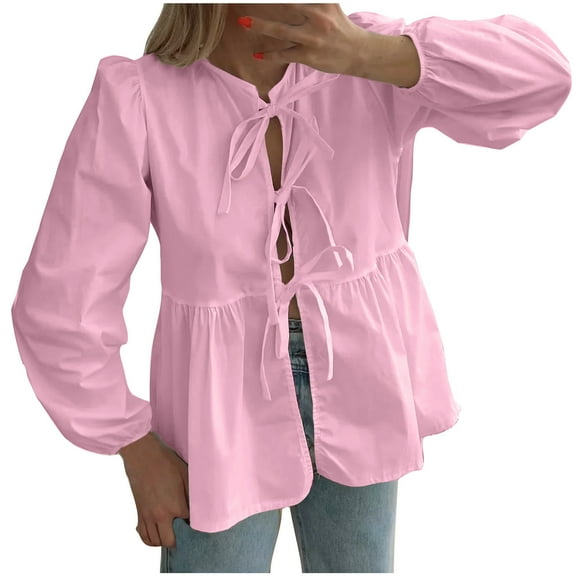 Htigea Women's Tie Front Shirts Cute Babydoll Peplum Tops Crewneck Long Sleeve Y2K Shirt for Going Out Pink XL