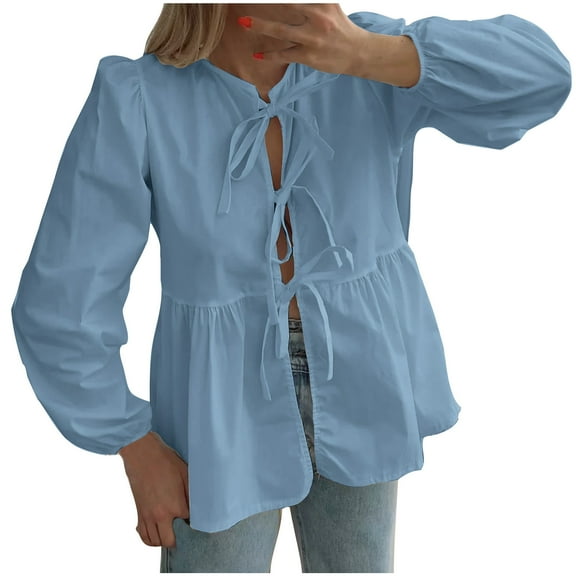 Htigea Women's Tie Front Shirts Cute Babydoll Peplum Tops Crewneck Long Sleeve Y2K Shirt for Going Out Sky Blue M