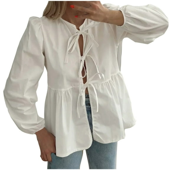 Htigea Women's Tie Front Shirts Cute Babydoll Peplum Tops Crewneck Long Sleeve Y2K Shirt for Going Out White XL