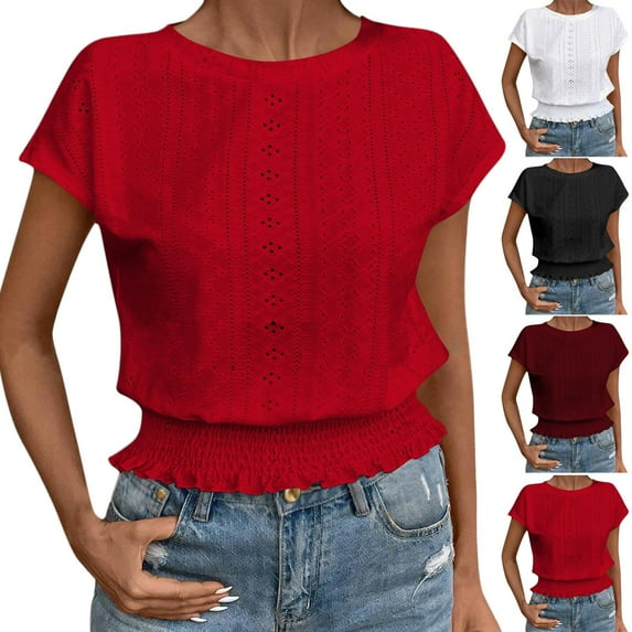 Htigea Women's Tops Casual Scoop Neck Short Sleeve Knit Hollow Out Shirts Loose Tunic Tops Blouses Red,L
