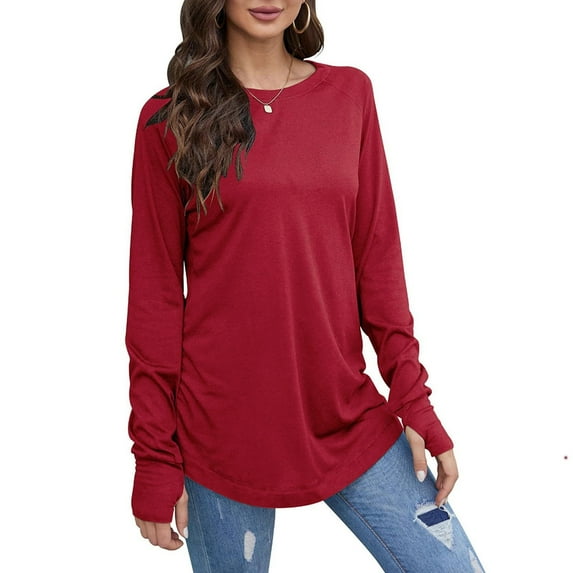 Htigea Women's Tunic Tops Casual Crewneck Long Sleeve Shirts Loose Pullover Soft Cozy Fall Tees Red S