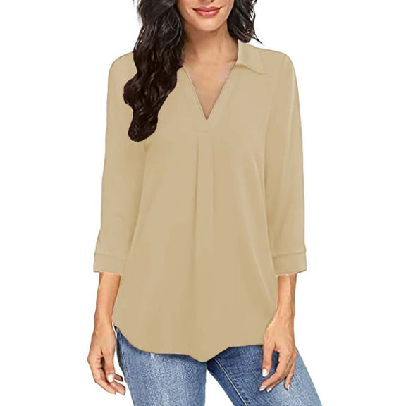 Htigea Women's Tunic Tops Collared V Neck Pleated Tshirts 3/4 Sleeve Dressy Shirts Solid Color Business Office Blouse Beige,S