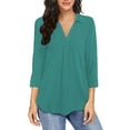 thumbnail image 1 of Htigea Women's Tunic Tops Collared V Neck Pleated Tshirts 3/4 Sleeve Dressy Shirts Solid Color Business Office Blouse Green,L, 1 of 5