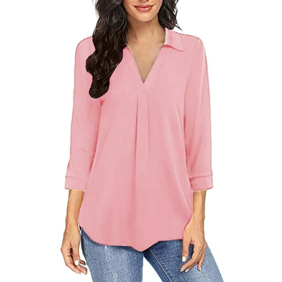 Htigea Women's Tunic Tops Collared V Neck Pleated Tshirts 3/4 Sleeve Dressy Shirts Solid Color Business Office Blouse Pink,2XL