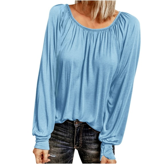 Htigea Women's Tunic Tops Crew Neck Pleated Long Sleeve Casual Loose Fit Pullover Lightweight Fall Tops Blue 2XL