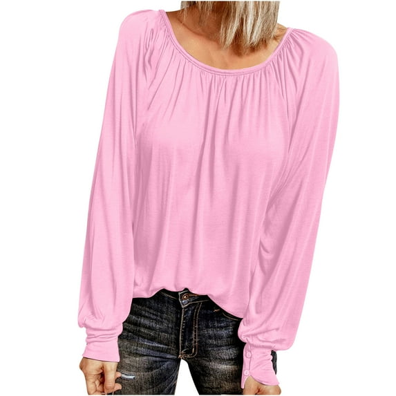 Htigea Women's Tunic Tops Crew Neck Pleated Long Sleeve Casual Loose Fit Pullover Lightweight Fall Tops Pink 2XL