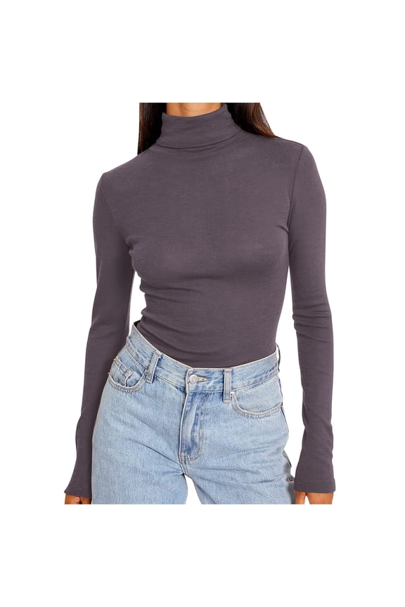 Women's Turtleneck Long Sleeve Shirts Fall Fashion Basic Base Layer Underwear Plus Size Tops Purple 3XL