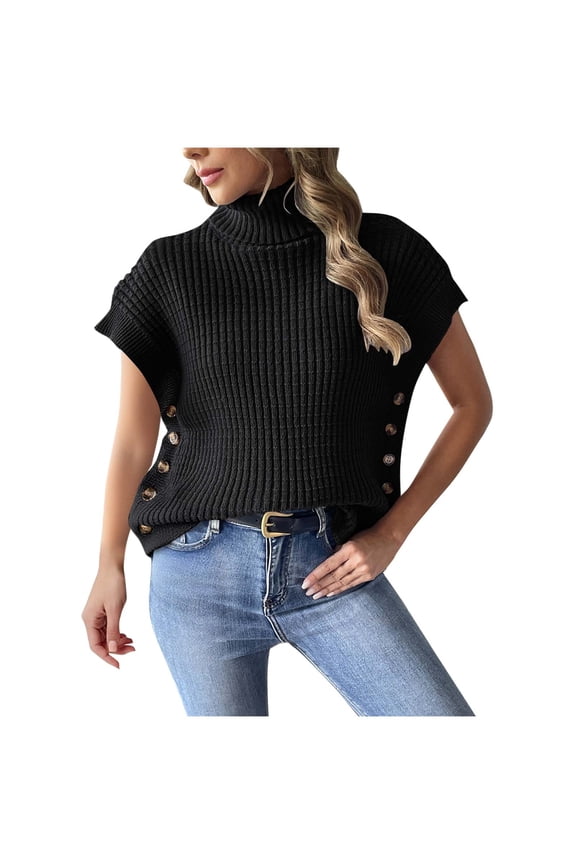 Women's Turtleneck Sweaters Solid Cap Sleeve Pullover Side Button Down Jumper Fall Knitted Vest Tops Black Free Size