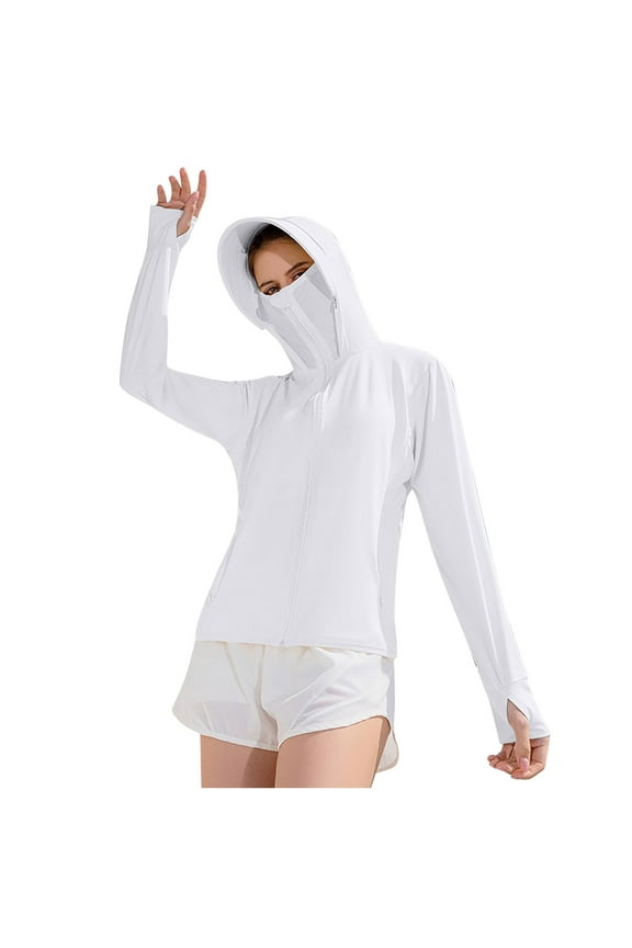 Women's UPF 50+ Sun Protection Coats Breathable Face Mask Hooded Jackets Cooling Summer UV Outdoor Activewear Tops White,L