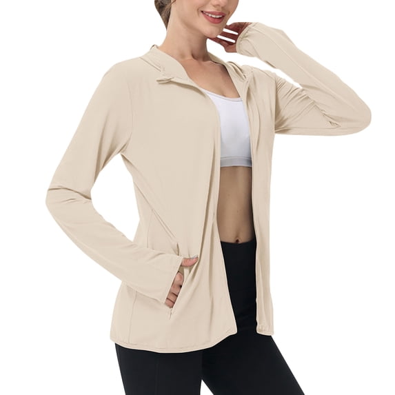 Htigea Women's UPF 50+ Sun Protection Hoodies Lightweight Rash Guard Long Sleeve UV Running Athletic Workout Jackets with Pockets Beige,L